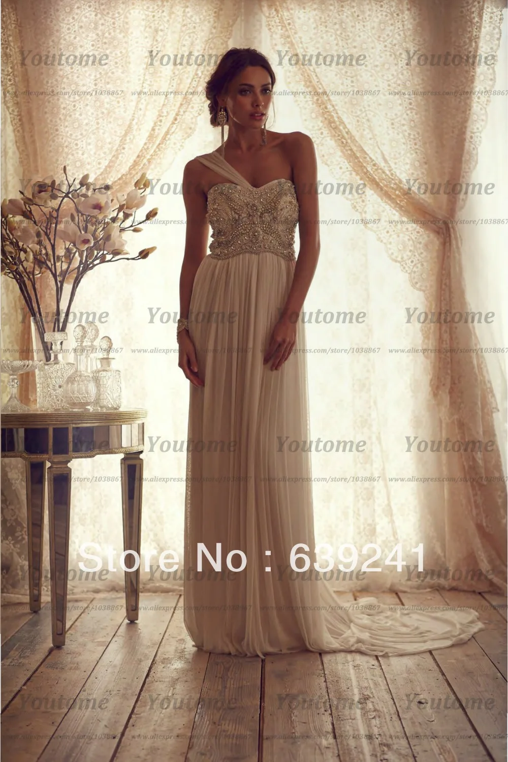 Designer Elegant Soft Chiffon with Beading Crystals One Shoulder Sheath Anna Campbell Bridal Gowns Wedding Dresses 2014 Y104 | Свадьбы и