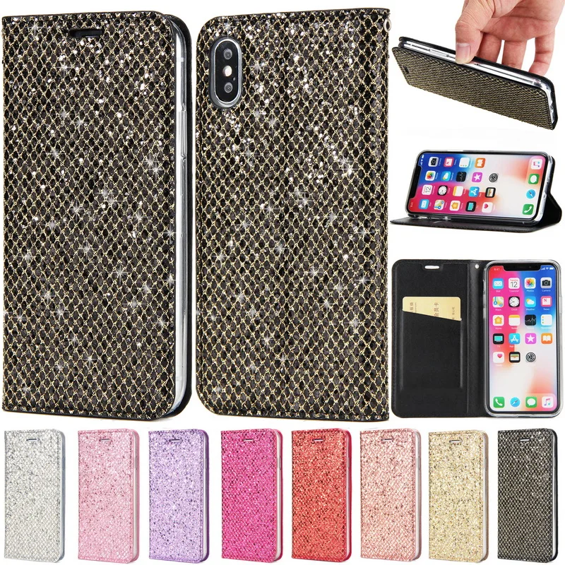 

Magnetic Glitter Flip Wallet Phone Case For iPhone X 7 7Plus 8 8Plus 6 6plus 6S s Plus Leather Card Holder Slots Full Cover Capa