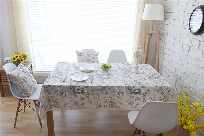 Retro White Peony Printed Tablecloths Cotton Linen Rectangle Lace Table Cloth For Table Decor Floral Table Cover For Kitchen    