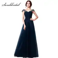 Hot Navy Blue Tulle สุภาพสตรีชุดราตรี A-Line ประดับด้วยลูกปัดคริสตัลหมวกชุดราตรี vestidos de fiesta largo ในสต็อก SD204