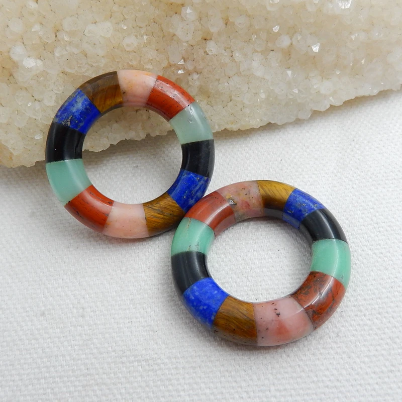 

Chrysoprase Pink Opal Red River Jasper Lapis Lazuli Tiger Eyes Obsidian Intarsia Gemstone Earring Pair 34x7mm 18.1g