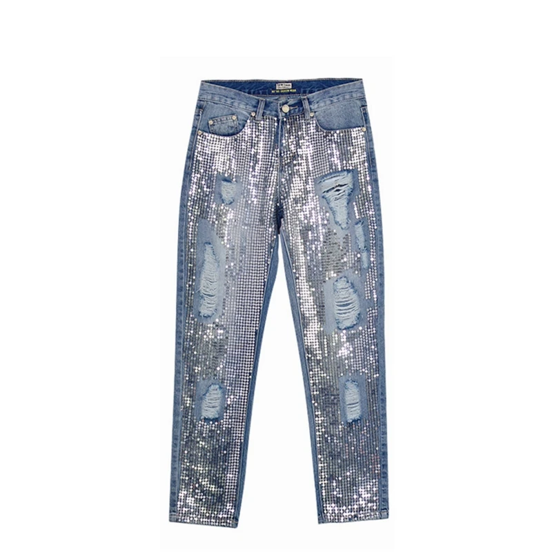 Женские джинсы с блестками, сексуальные, размера плюс, винтажные, со средней посадкой рваные, мама, бойфренд, рваные джинсы для женщин, джинсы с потертостями, джинсовые штаны - Цвет: Синий