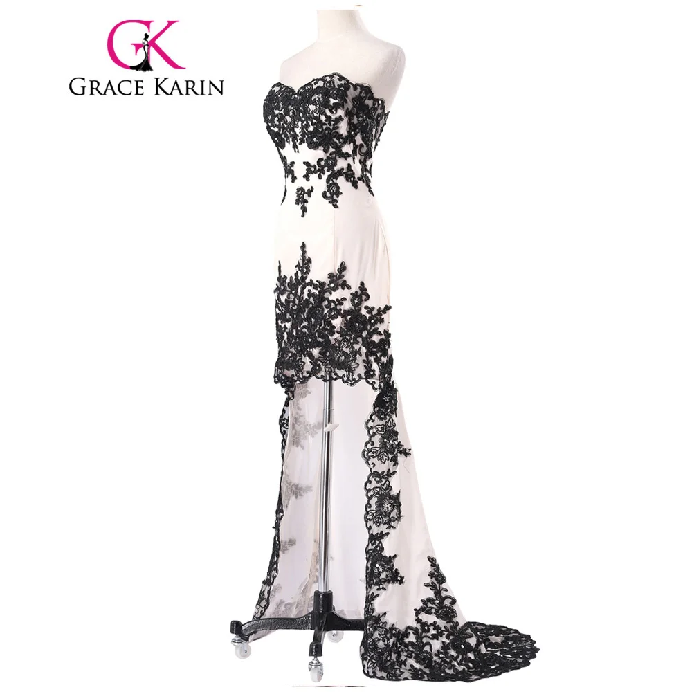 Grace Karin High Low Short Front Long Back Prom Dress Vestidos Red Black Vestido De Renda Sexy Mermaid Lace Prom Dresses 2017