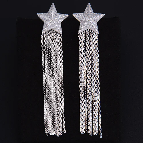 SisCathy, трендовые блестящие серьги со звездами, длинные висячие серьги с бахромой для женщин и девочек, подарки - Окраска металла: Silver