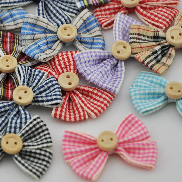 

20pcs Plaids Ribbon Gingham Bow W/Button Appliques Mix Color B67