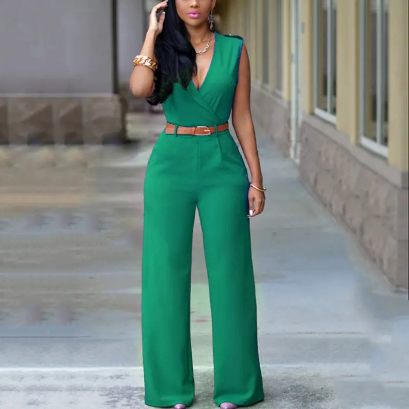 

Fashion Summer Women Jumpsuit With Belt Sexy V Neck Solid Color Sleeveless High Waist Wide Leg Romper Ladies Jumpsuits TC21