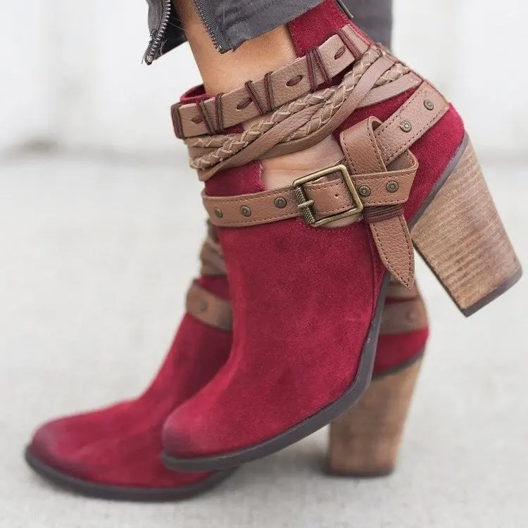 

Women Martin Boots Shoes Flock Pointed Toe Buckle 8cm Thick High Heels Casual Lady Solid Female Pumps Booties Shoes Plus Size