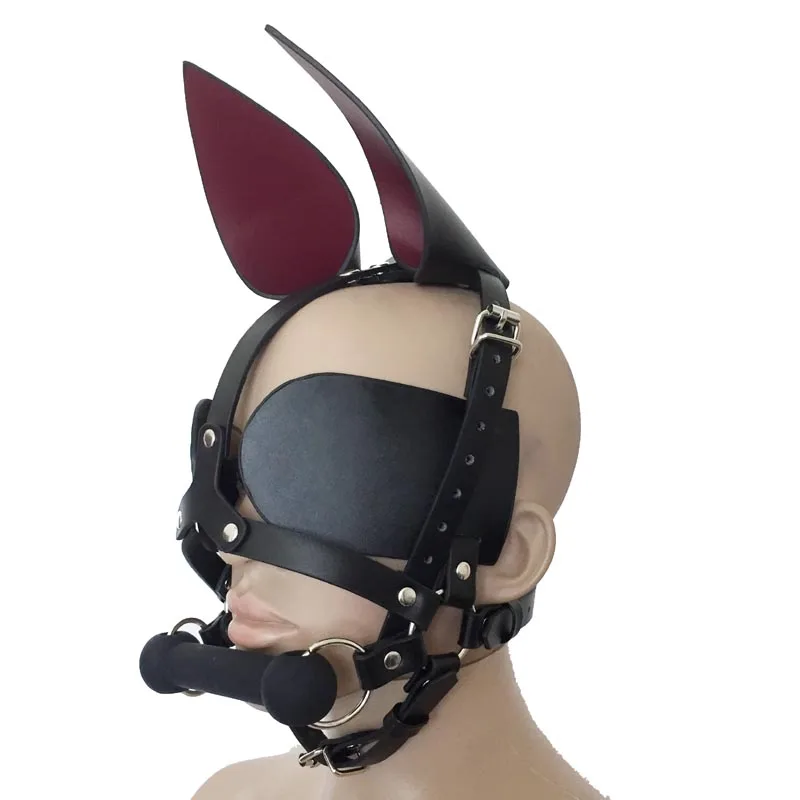 Faux Leather Pony Girl Harness Head Piece with Ears Eye Shade Bit Gag Fetish Pet Cosplay Costume women cosplay costume