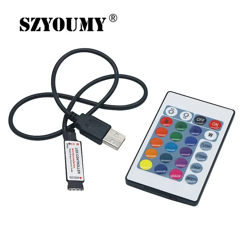 

Пульт дистанционного управления SZYOUMY DC 5 В, 12 А, USB-контроллер, радиочастотный беспроводной диммер с 24 кнопками, 44 клавиши, для светодиодных лент 5050/2835/3528 RGB