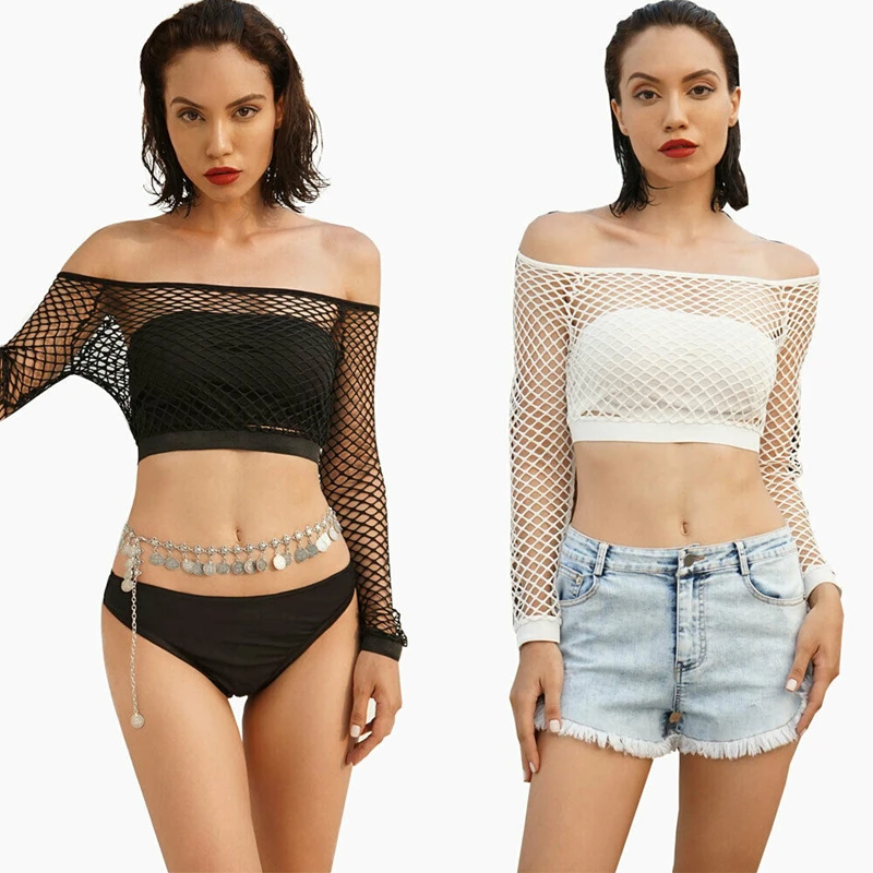 

Fashion Women Mesh Perspective Fishnet Crop Long Sleeve Sexy Top T-Shirt