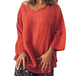Женская рубашка-поло женская повседневная с круглым вырезом 3/4 рукав однотонная льняная футболка свободный пуловер простая блузка Топ