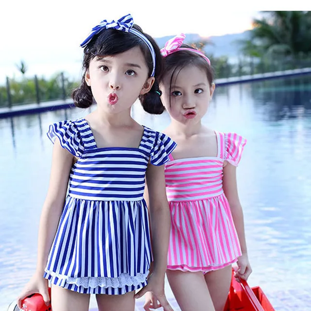 Special Offers Cute swimwear baby girl's bathing suit 3 pieces backless bikini for kids pink blue swimwear Children's tankini set 2017 New16A39