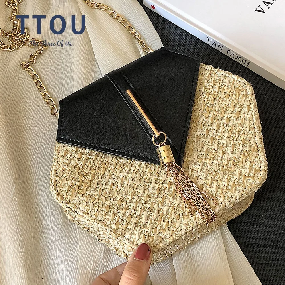

TTOU Women Simple Straw Bags Hexagon Chains Weaving Shoulder Bags Tassel Messenger Bag Pu Leather Patchwork Handbags Female Chic