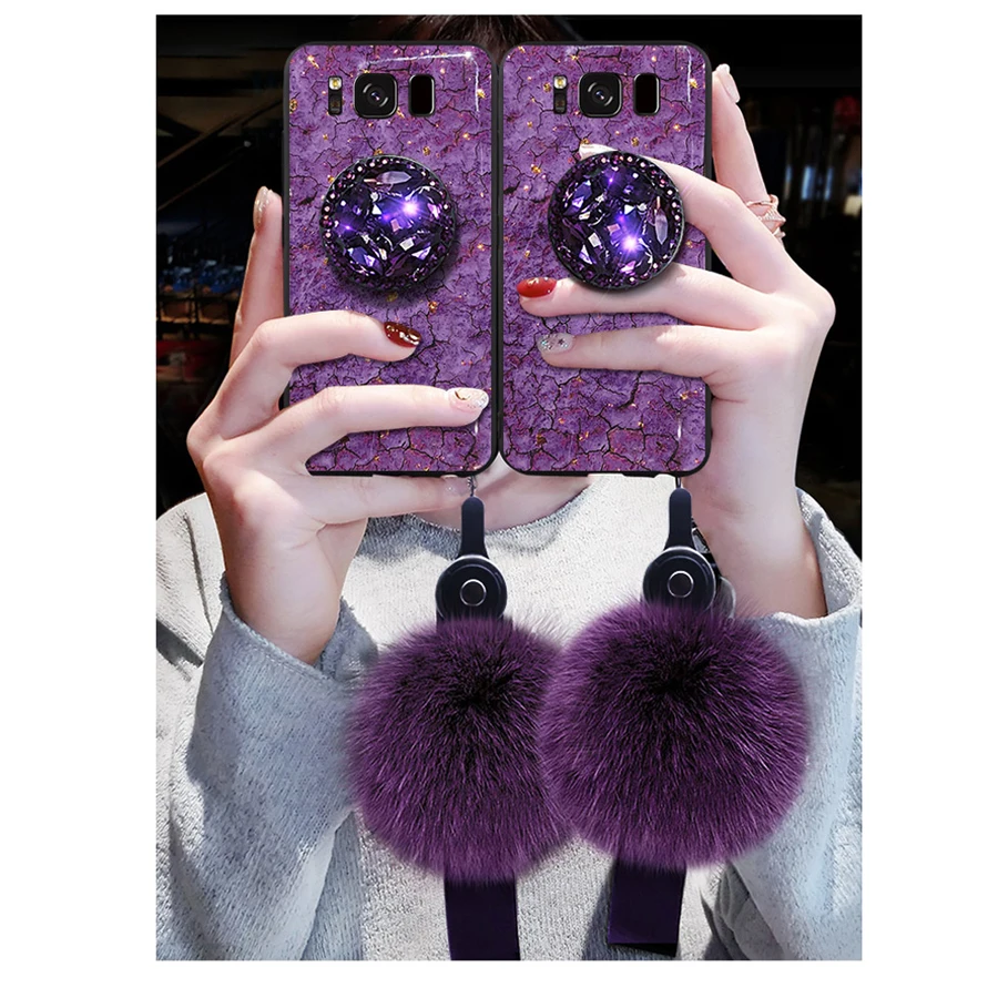 

luxury Marble Case For Samsung galaxy S10 S10 Lite S8 S9 Plus S7 edge Note 8 9 j6 j7 j8 Gold Foil Cover Plush Ball Stand Holder