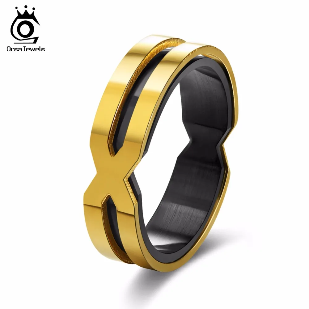 

ORSA JEWELS 316L Stainless Steel Women Rings Gold-color Black Color Punk Style Surface Width 5MM Men Party Ring GTR30