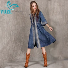 Осеннее платье Yuzi. may Boho новые джинсовые женские платья с v-образным вырезом и рукавом средней длины, свободное платье с вышивкой и поясом A8171 Vestidos