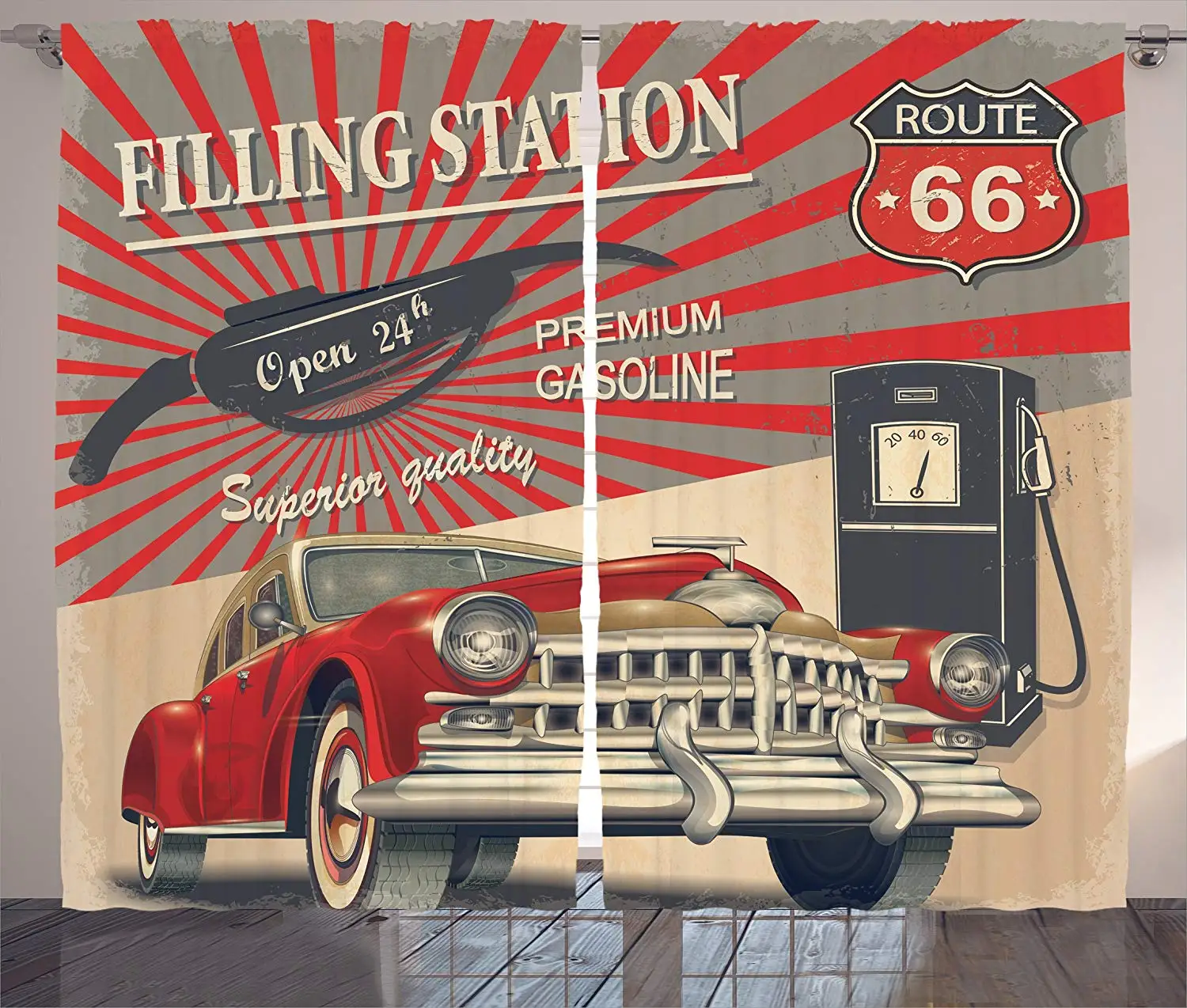 

Cars Route 66 Retro Poster Curtains Gasoline Station Commercial Kitschy Element Route 66 Print Living Room Bedroom Window Decor