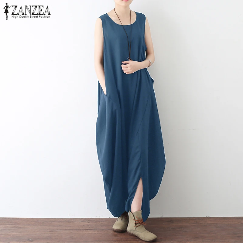 

Rompers Women Jumpsuit 2019 Summer ZANZEA Long Playsuit Overalls Solid Casual Loose Sleeveless Pockets Maxi Robe Femme Plus Size