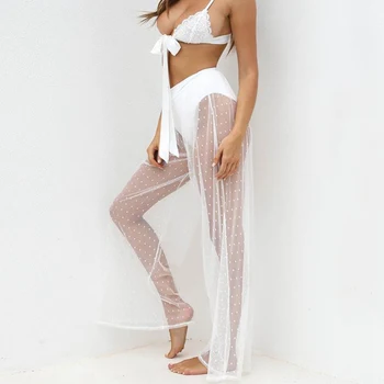 

2019 Women Summer Sexy Beach Mesh Sheer Pants See Through Boho Wide Leg High Waist Trousers Women Casual Loose Long Pants