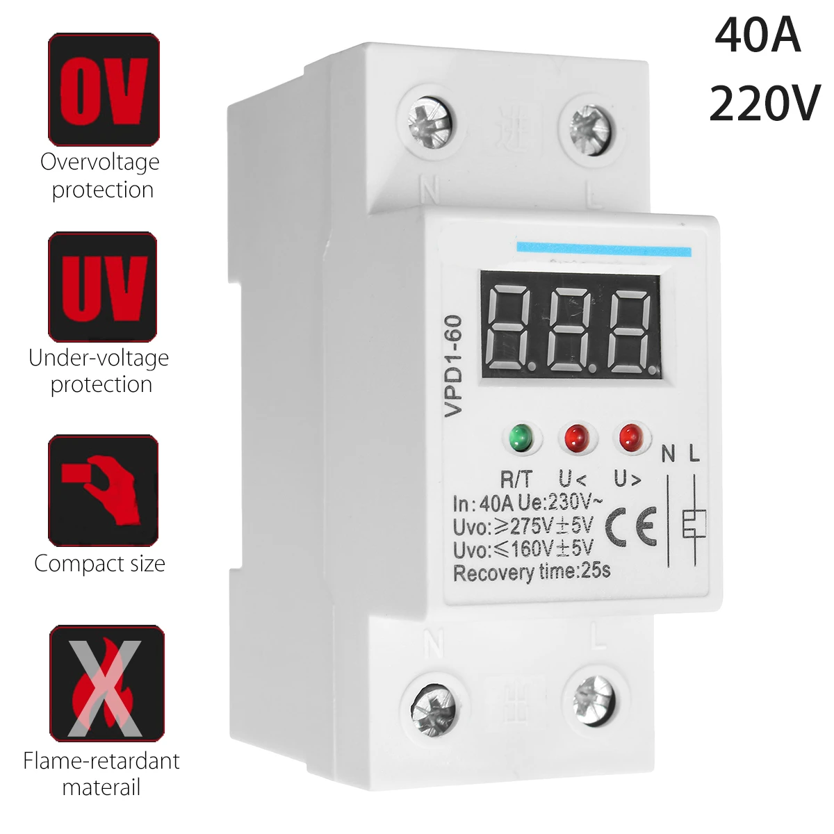 

40A 220V Over And Under Voltage Protection Protective Device Automatic Reconnect Recovery For Home Improvement
