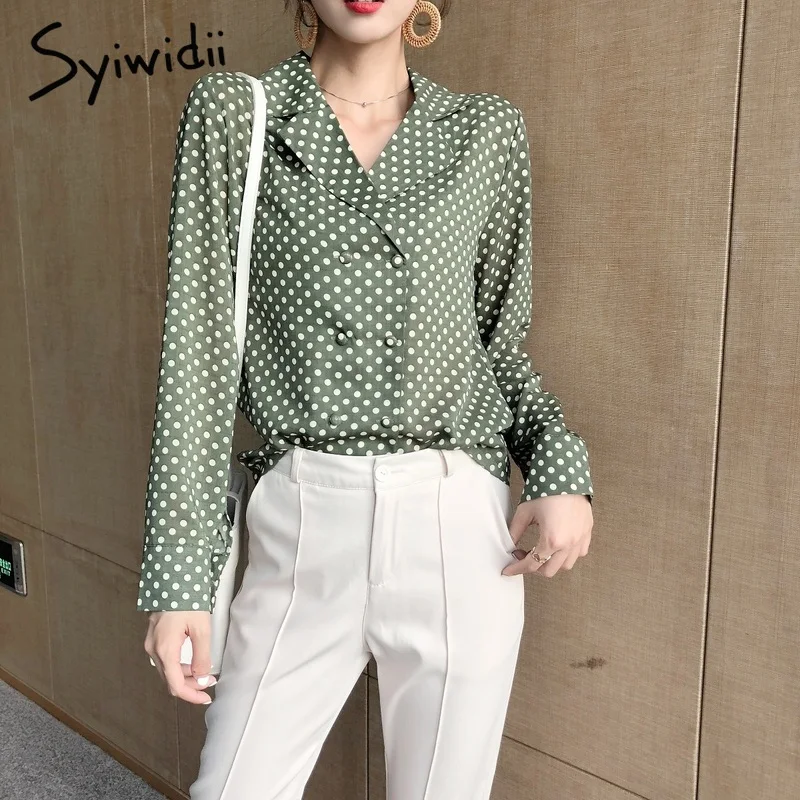 

Green Polka Dot Chiffon Blouses Shirt Women 2019 Women Long Sleeve Shirts Korea Style Kimono Cardigan Notched Vintage Top Blouse