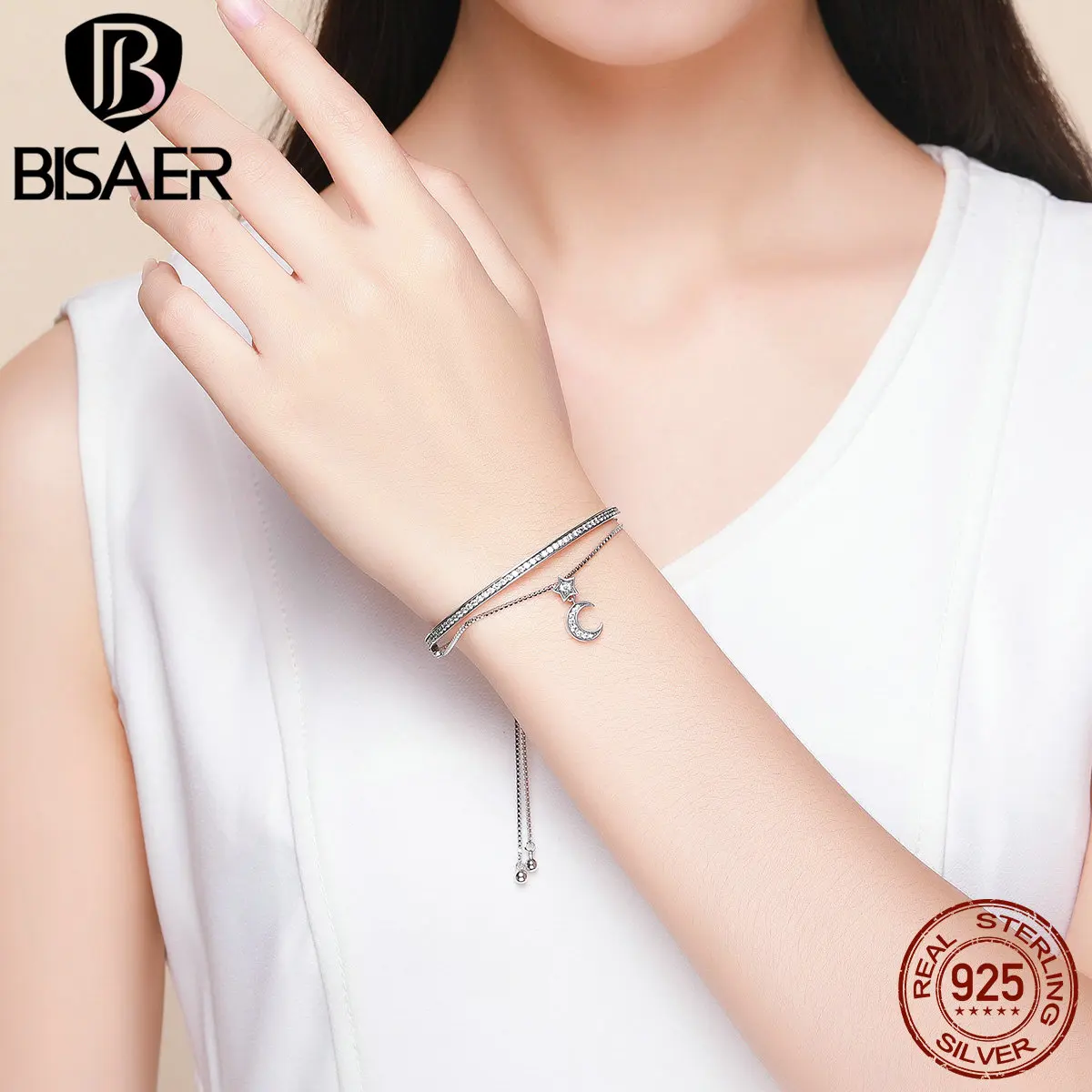 BISAER 925 فضة القمر نجمة مزدوجة طبقات تنس أساور أساور للنساء واضح مكعب الزركون غرامة مجوهرات ECB109