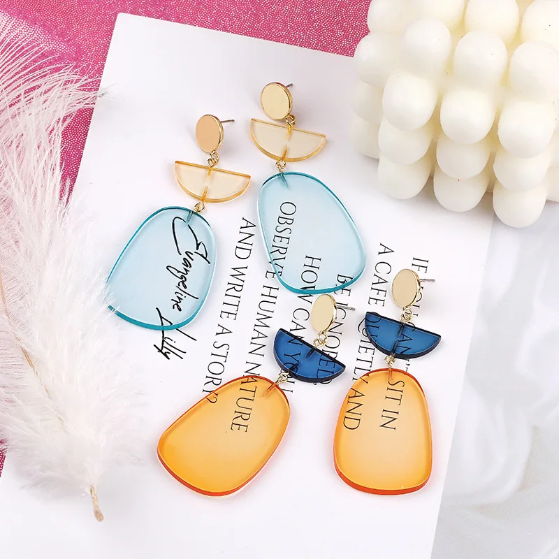 

2019 New Fashion Blue Yellow Geometric Acrylic Long Drop Earrings For Women Transparent Round Dangle Jewelry Gift Pendientes