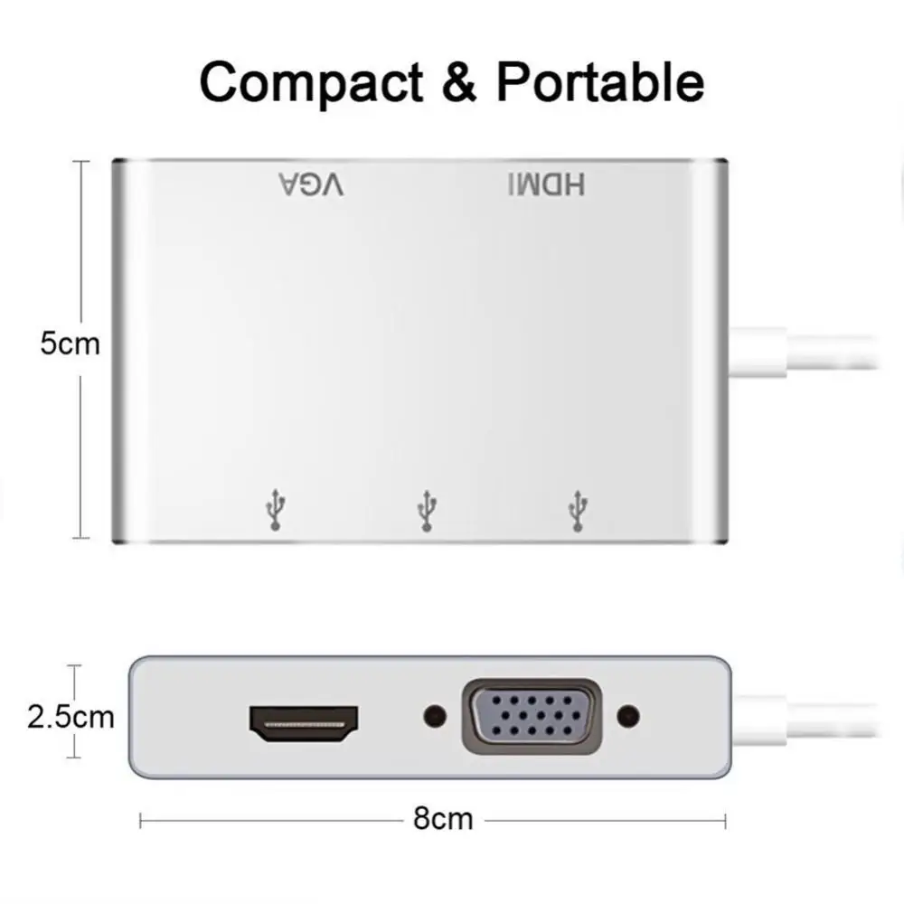  5-in-1 Multi Functional Converter Type-C To HDMI VGA USB 3.0 Multi-port Plug-and-Play Adapter Cable