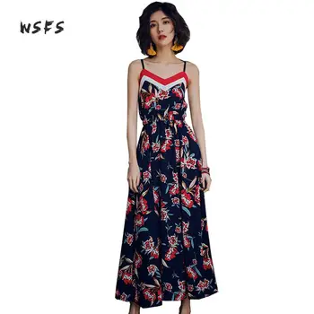 

Wsfs Summer Print Beach Dresses Vneck Sleeveless Spaghetti Strap Off Shoulder Print Women Dress Sexy Boho Loose Maxi Long Dress