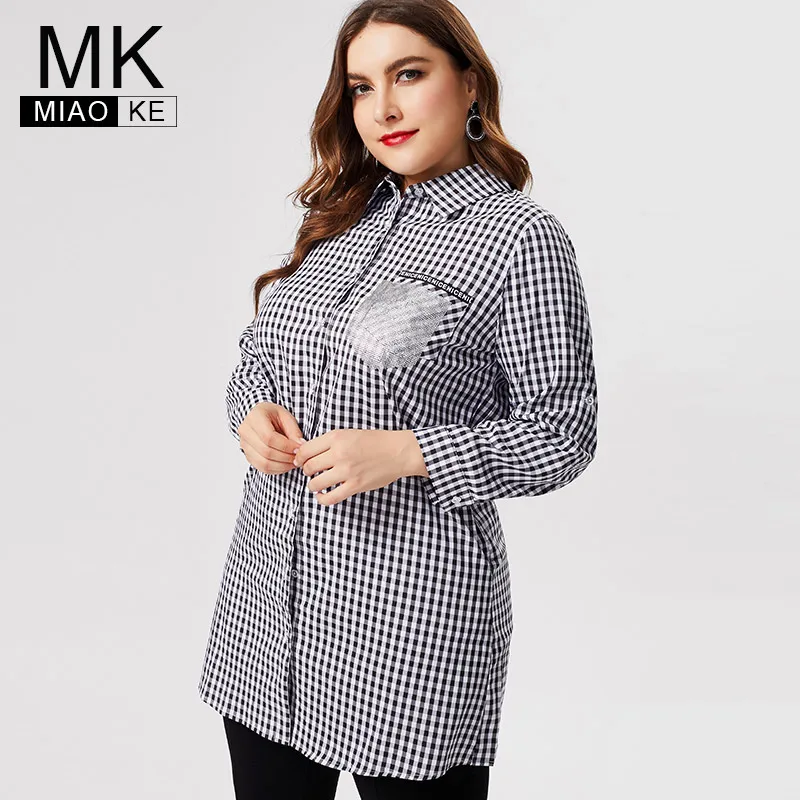 

MK 2019 fall Plus Size Womens Plaid tops and blouses fashion ladies midi shirts office lady mom Long sleeve blouse