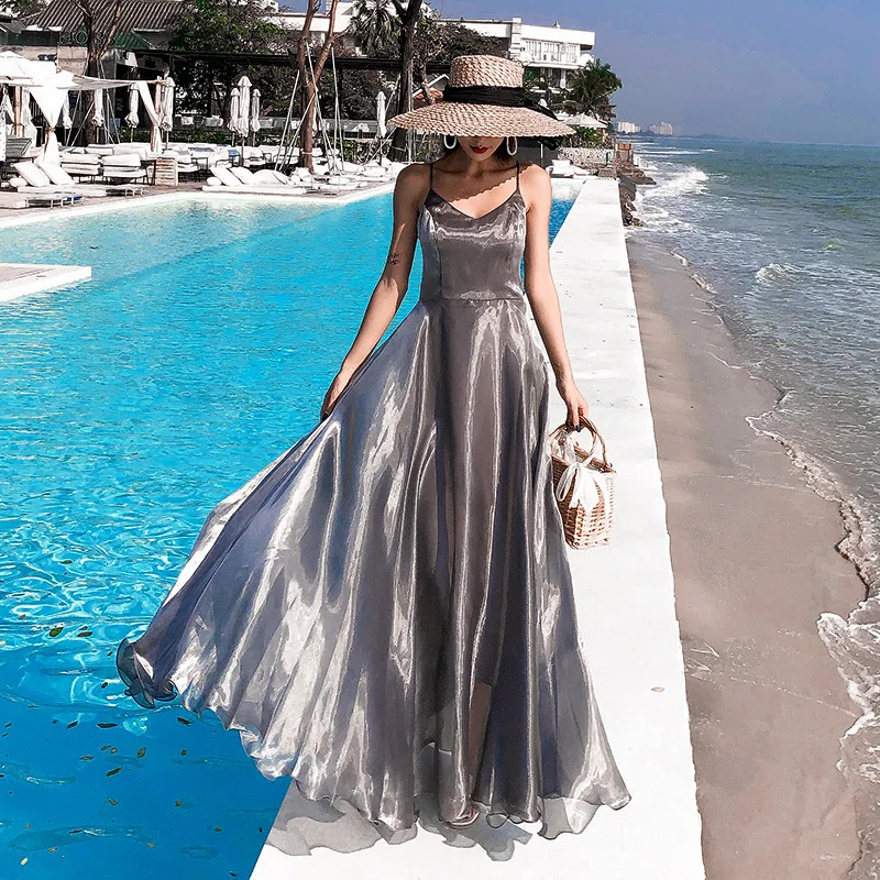 

Women Dress V Neck Long Dress Backless Solid Sexy Dress 2019 Summer Holiday Bohemia Maxi Dress Women Beach Party Silver Vestidos