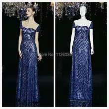 2017 Royal Blue Shiny Pailletten Vestidos Illusion O Neck Abendkleider Bodenlangen Kappen-hülsen-formale Kleider Nach Maß