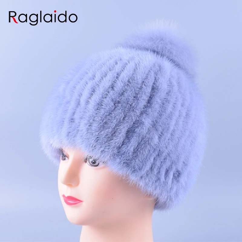 

12colors Genuine Mink Fur Pompom Hat Caps for Women Hand Knitted Real Fur Beanie inner woolen Winter Hats Snow Warm Caps LQ11153