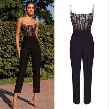 

New Fashion Jumpsuit Women Clubwear Lace Camis Top Summer Playsuit Bodycon Party Jumpsuit Sexy Striped Romper Pencil Trousers