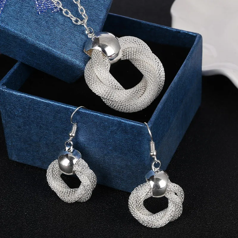 Модный посеребренный ювелирный набор, сетчатый круглый кулон, ожерелье, длинные висячие серьги, женские серебряные ожерелья, серьги, наборы