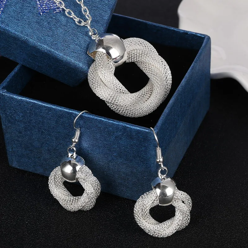 

Fashion Silver Plated Jewelry Sets Mesh Circle Pendant Necklace Long Drop Earrings For Women Silver Necklace Earrings Sets