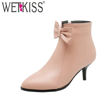 

WETKISS Butterfly Knot Women Ankle Boots Simple Thin Heel High Shoes Pointed Toe Non Slip Thermal Bootie Winter Keep Warm Shoes