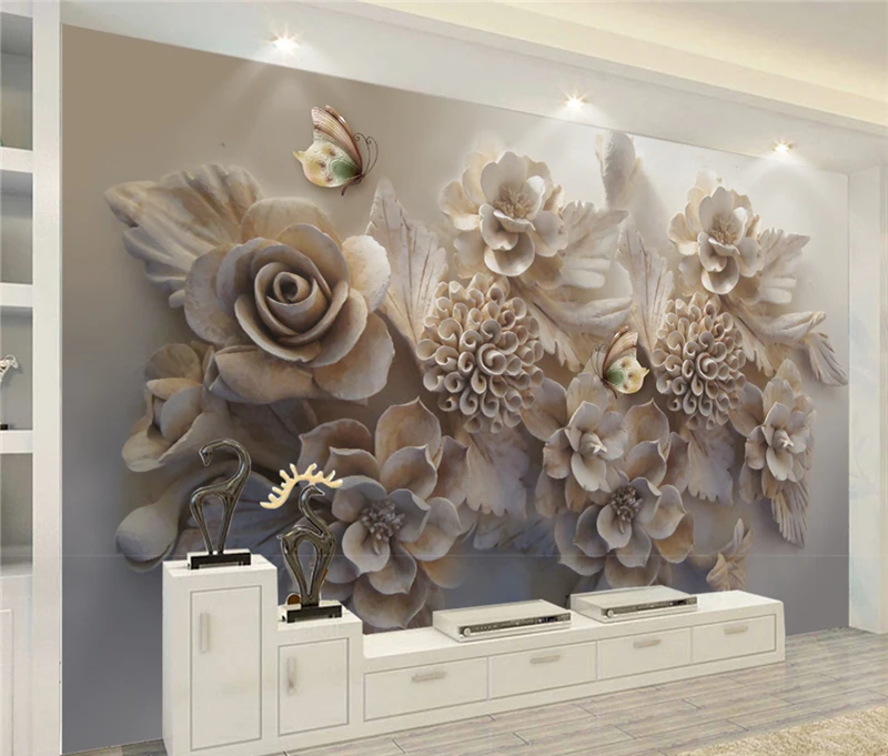 Customize Any Size 3D HD Interior Decoration Beautiful 3D Flower 3D Flower Butterfly TV Silk Background Wall Painting Wallpaper