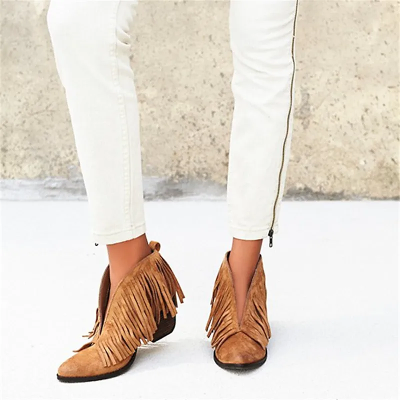 Thick High Heels Women Boots Spring Shoes Fringe Boots Bota Feminina Tassels Pointed Toe Botas Femme Zapatos Mujers Shallow Open