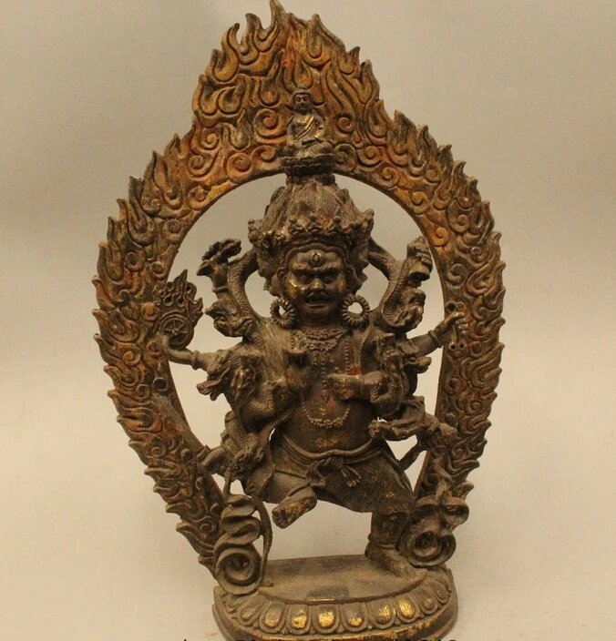 

wholesale factory 13" Tibet Buddhism Bronze Gild Dragon Three Head 6 arm Mahakala Buddha Statue