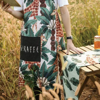 

Nordic style Cotton printing aprons Green plant/Giraffe pattern Thickening apron for Baker Bar BBQ Work Wear 01