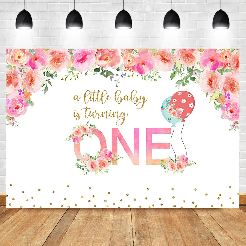 

NeoBack Baby 1th Birthday Photography Backdrops Pink Watercolor Flower Background Balloon Vinyl Dessert Table Decorate Props