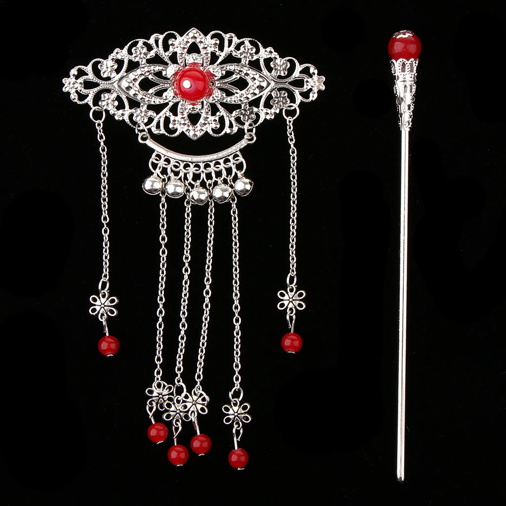Womens Retro Traditional Chinese Wedding Floral Tassels Bells Hair Stick Chignon Chopsticks Headwear Jewelry
