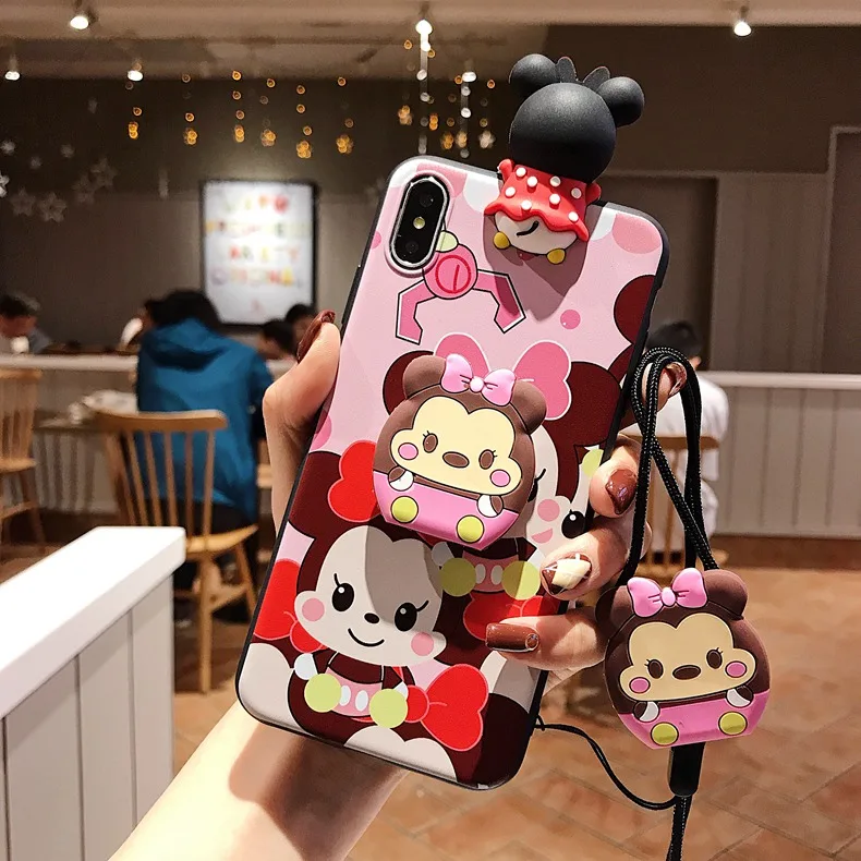 Cute Japan Sailor Moon Pink Phone Case For iPhone X 8 7 6 6s Plus XS Max XR Soft 3D Doll Toys Cartoon Stand Lanyard Back Cover