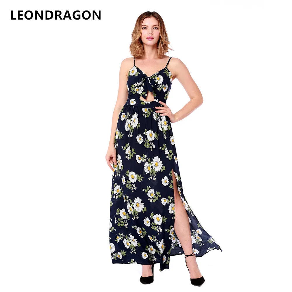 Side Split Ladies Summer Dress Floral Leaf Print Vestidos Maxi Dresses