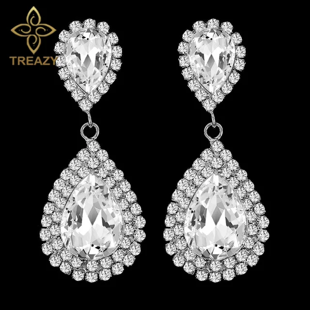 Treazy Silver Color Crystal Long Drop Earrings Beautiful Teardrop Treazy Silver Color Crystal Long Drop Earrings Beautiful Teardrop Rhinestone Bridal Party Wedding Jewelry For Women