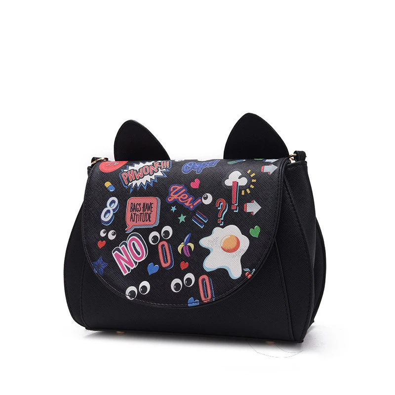 Cartoon Graffiti Edgy Small Flap Bag Women Cute Cat Ears Designer Ladies Lovely Chain Shoulder Bag