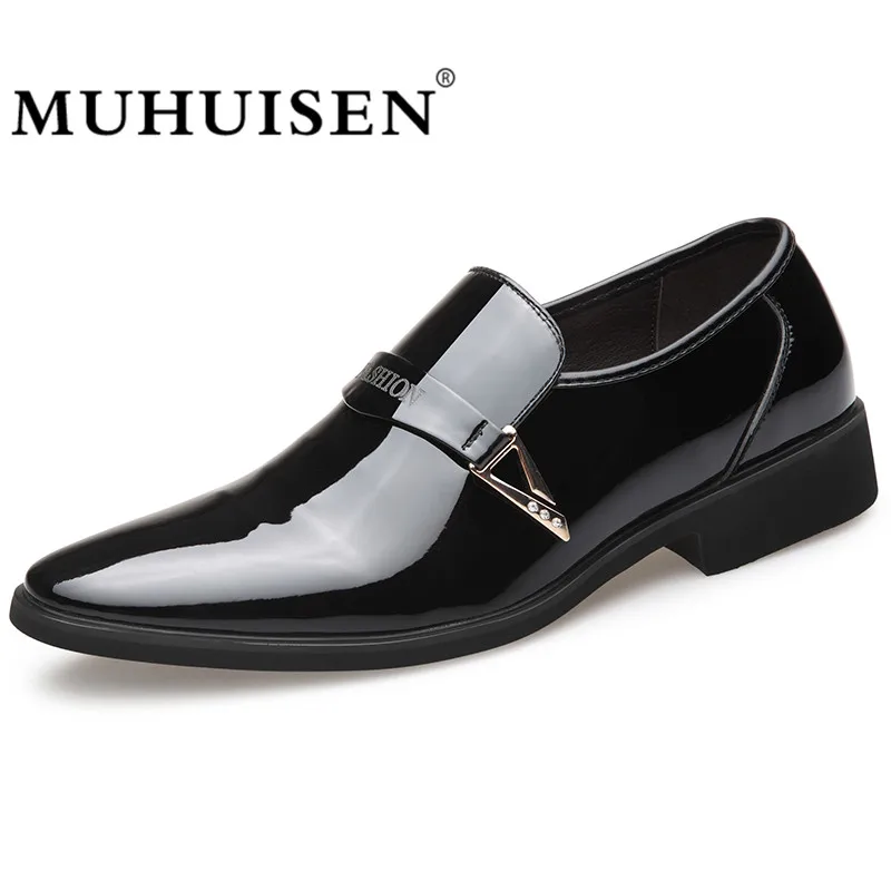 MUHUISEN Men Business Dress Leather Shoes Italian Slip On Fashion Moccasin Glitter Formal Male Oxfords Shoes Pointed Toe Shoes 