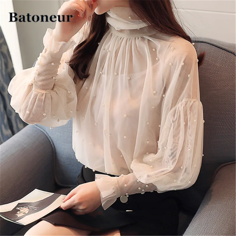 2018-New-Spring-Autumn-Free-Shipping-Casual-Women-Shirt-Lantern-Sleeved-Turtleneck-Fashion-Elegant-Female-Beading