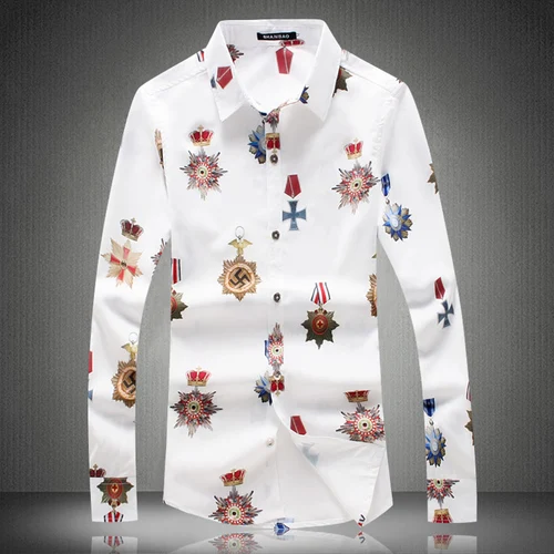 SHANBAO Весенняя Новая модная белая черная Мужская рубашка с длинными рукавами, роскошная Высококачественная Узорчатая рубашка для банкета, свадьбы - Цвет: Белый